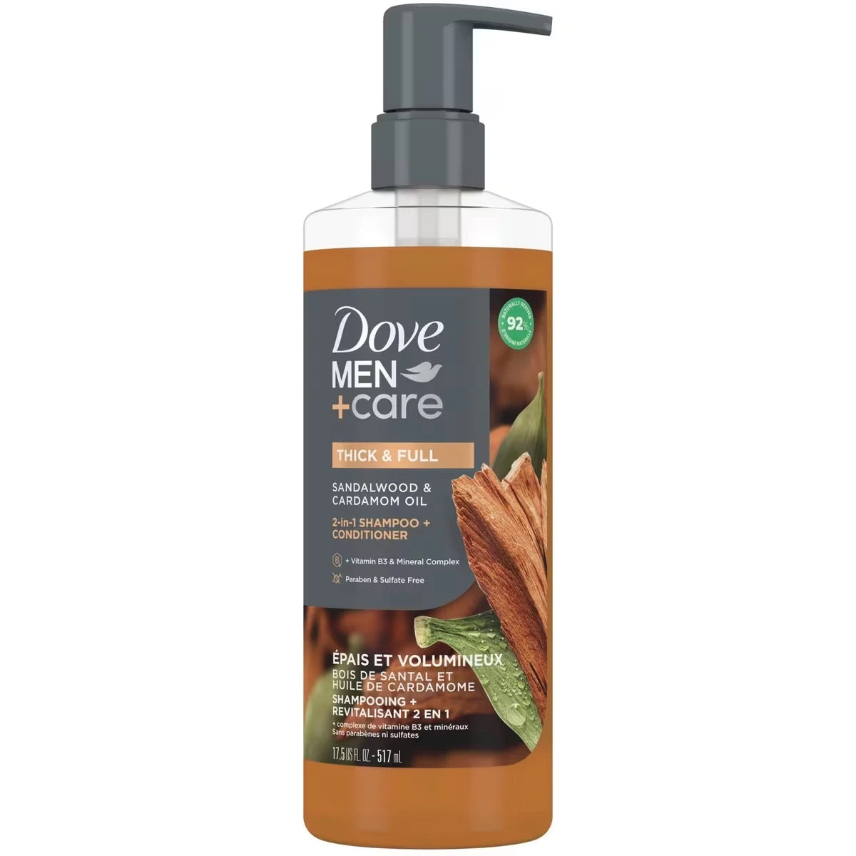 Shampooing + Revitalisant 2 en 1 avec nettoyants et hydratants à base de plantes Men+Care Épais et Volumineux Bois de Santal et Huile de Cardamome shampooing et revitalisant pour des cheveux forts et d'apparence saine