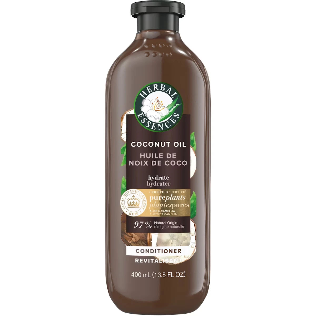 Revitalisant hydratant à l’huile de noix de coco, avec huile de camélia et aloès certifiés, pour tous les types de cheveux, particulièrement les cheveux secs, 400 mL