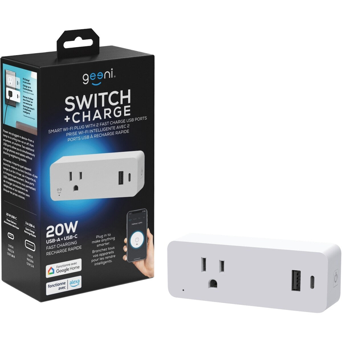 SWITCH + CHARGE Prise intelligente Wi-Fi avec ports USB-C et USB-A