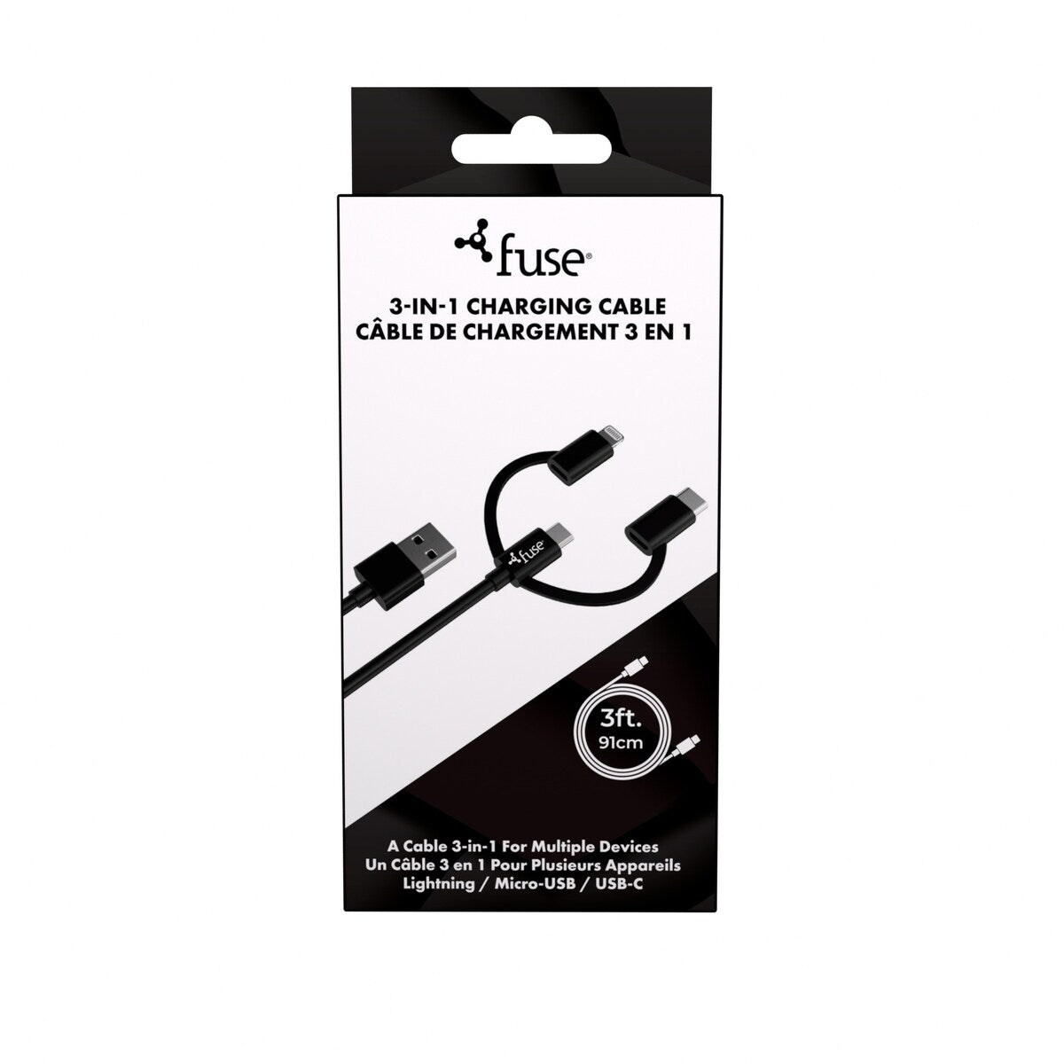 Câble charge et synchronisation 3-en-1 3 pi – Noir