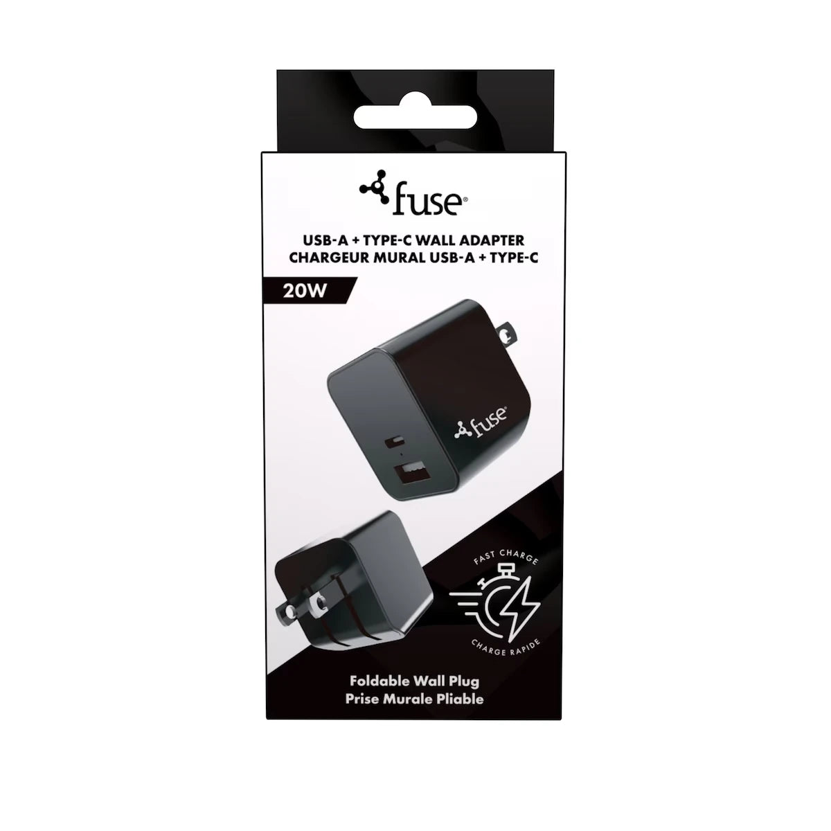 Adaptateur mural 20 W à double port (USB-C et USB-A) – Noir