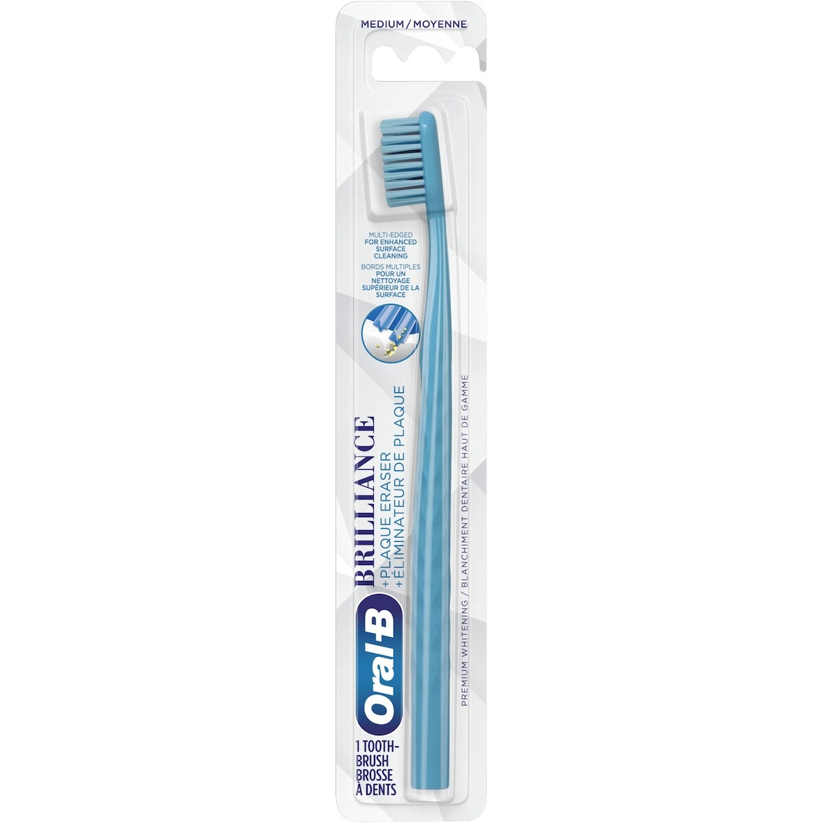 Brosse à dents Brillance blanchiment haut de gamme avec efface-plaque, moyenne, bleu ciel, 1 unité