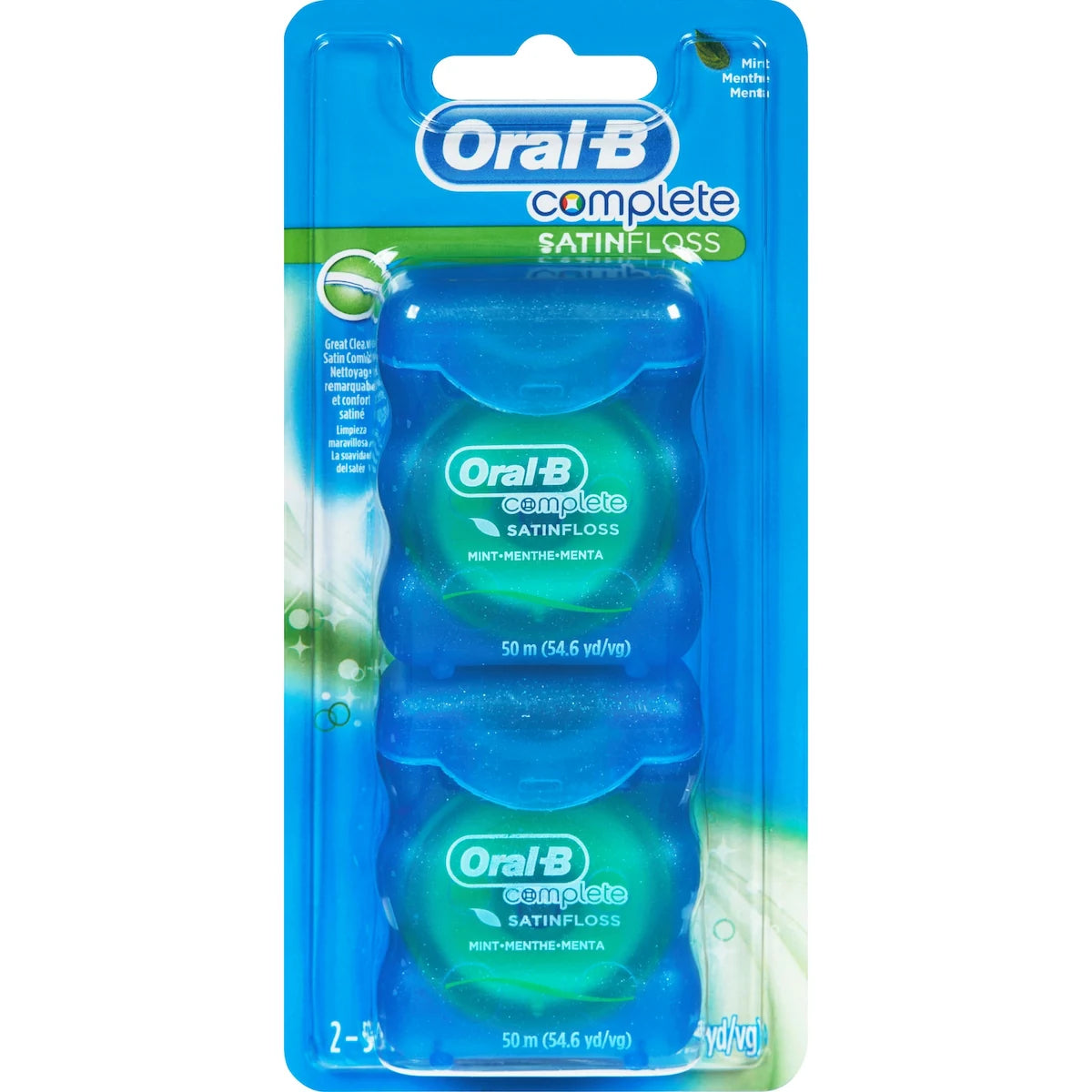 Soie dentaire Oral-B Complete SatinFloss Dental FlossSatinFloss, menthe, 50 m, emballage de 2
