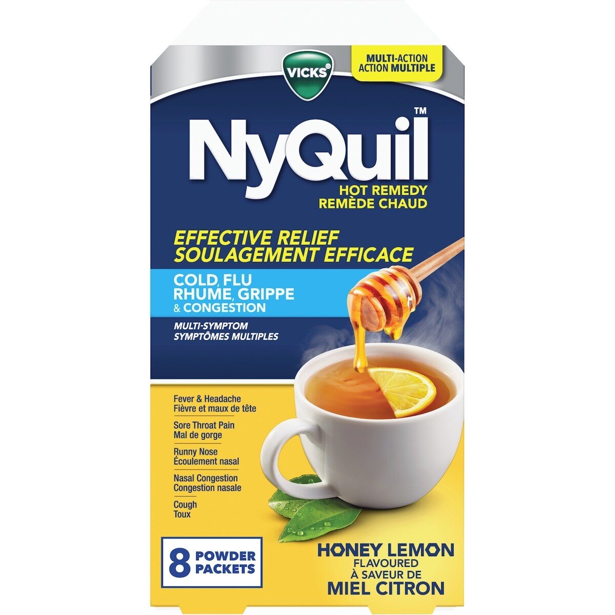 Remède chaud Nyquil, médicament contre le rhume, la grippe et la congestion, nuit, soulagement de la fièvre et des maux de tête, du mal de gorge, de la congestion nasale, de l’écoulement nasal et de la toux, action multiple, saveur miel citron