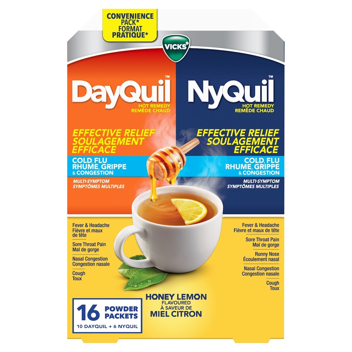 Remède chaud, soulage les symptômes du rhume, grippe, congestion, format pratique, jour/nuit, soulage la fièvre, maux de tête, mal de gorge, congestion nasale et toux, action multiple, saveur miel citron