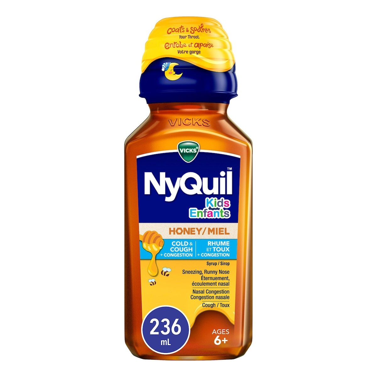 NyQuil pour enfants Miel Soulagement du rhume et de la toux + congestion pour l’éternuement, l’écoulement nasal, la congestion nasale et la toux pendant la nuit, aromatisé avec du vrai miel, pour les enfants âgés de 6 ans et plus