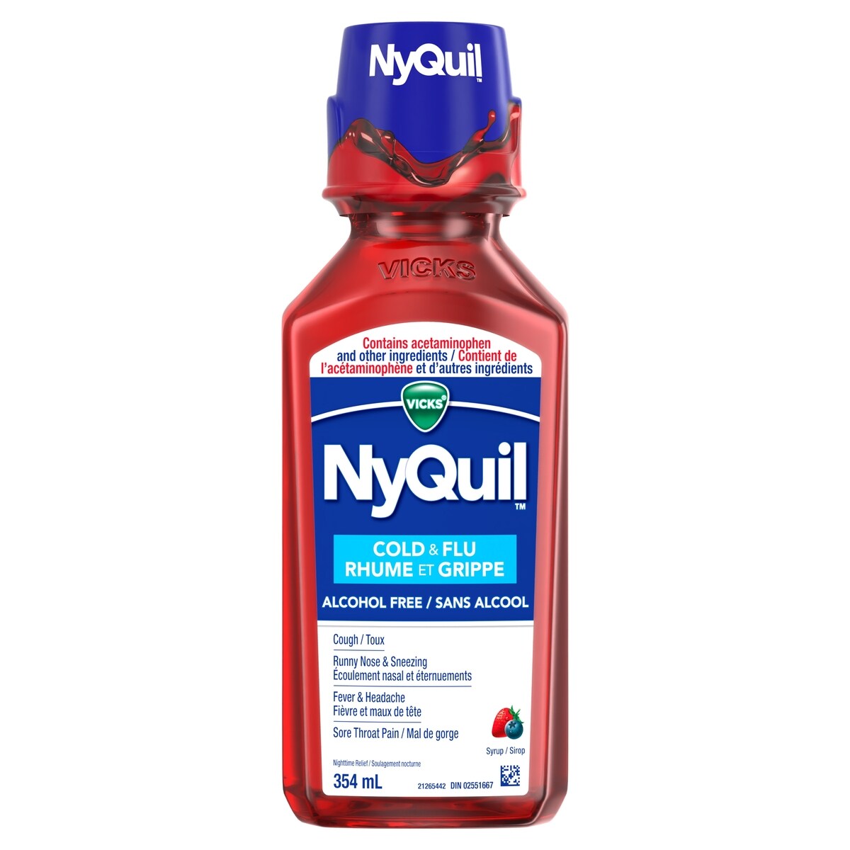 Médicament NyQuil Rhume et grippe sans alcool, soulagement nocturne de la toux, du mal de gorge, de la fièvre, l’écoulement nasal et des symptômes du rhume et de la grippe, saveur de baies, 354 mL