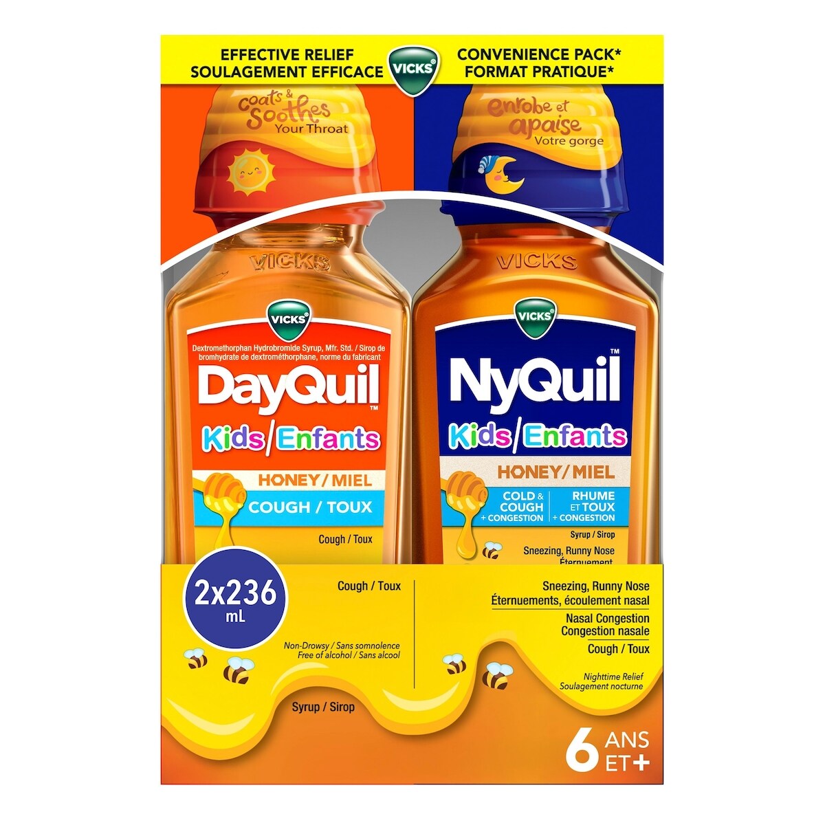 Médicament à saveur de miel DayQuil et NyQuil pour enfants, soulagement de jour de la toux, soulagement nocturne de la toux, de l’écoulement nasal, de la congestion nasale, des éternuements et des symptômes du rhume, format pratique, 2 x 236 mL