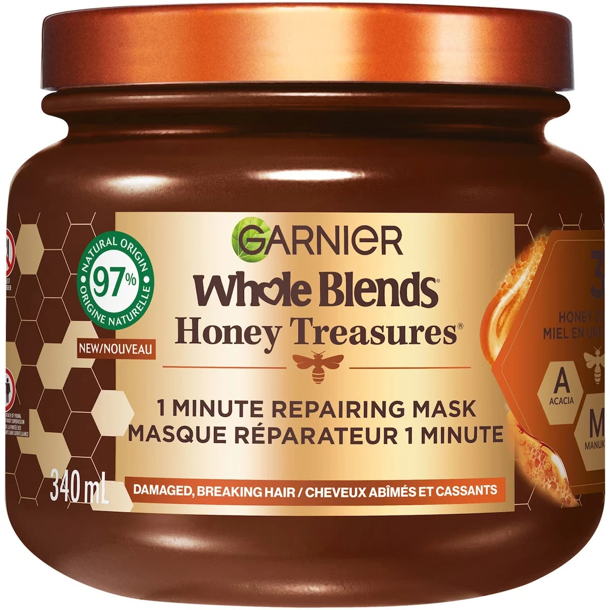 Honey Treasures Masque pour Cheveux Abîmés, 50% moins de fissures, 10x moins de cassures, 2x moins de pointes fourchues, application en 1 minute