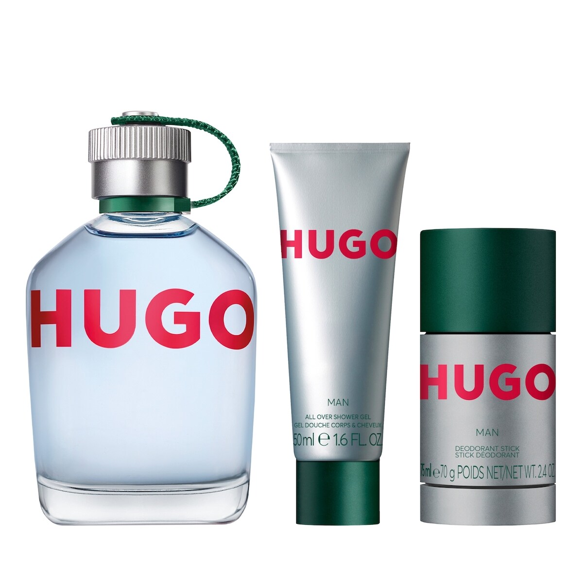 Coffret cadeau HUGO Man comprenant une eau de toilette, un déodorant stick et un gel douche pour homme