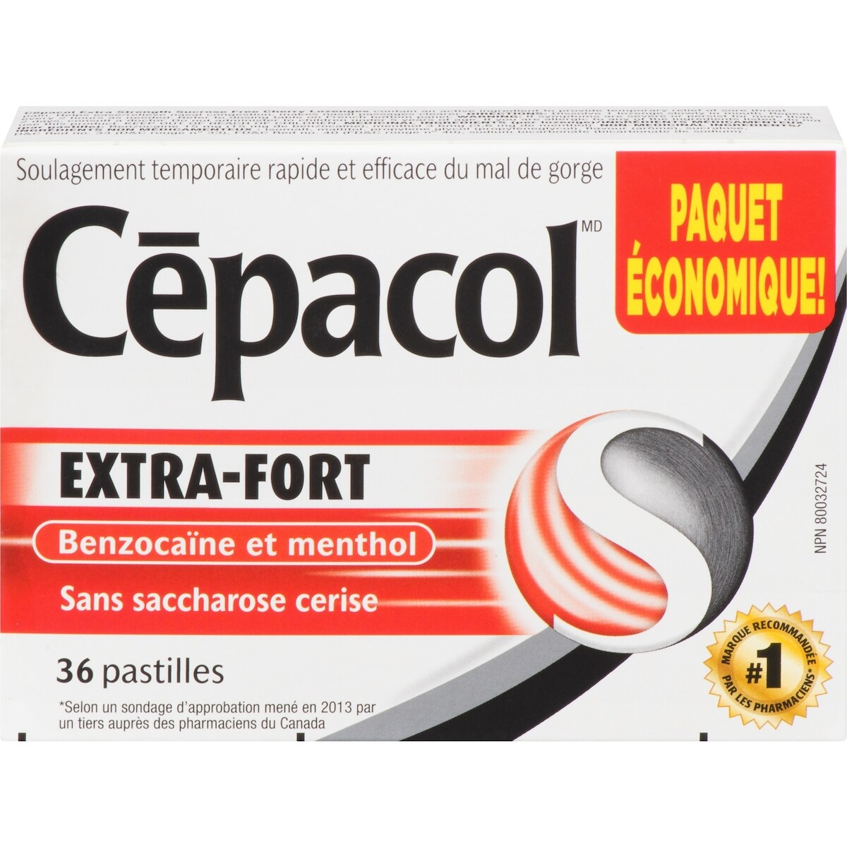 EXTRA-FORT sans saccharose à la cerise, paquet économique, 36 pastilles contre le mal de gorge