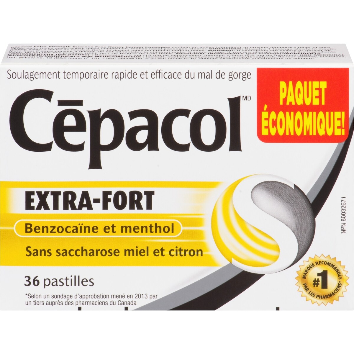 EXTRA-FORT sans saccharose au miel et au citron, paquet économique, 36 pastilles contre le mal de gorge