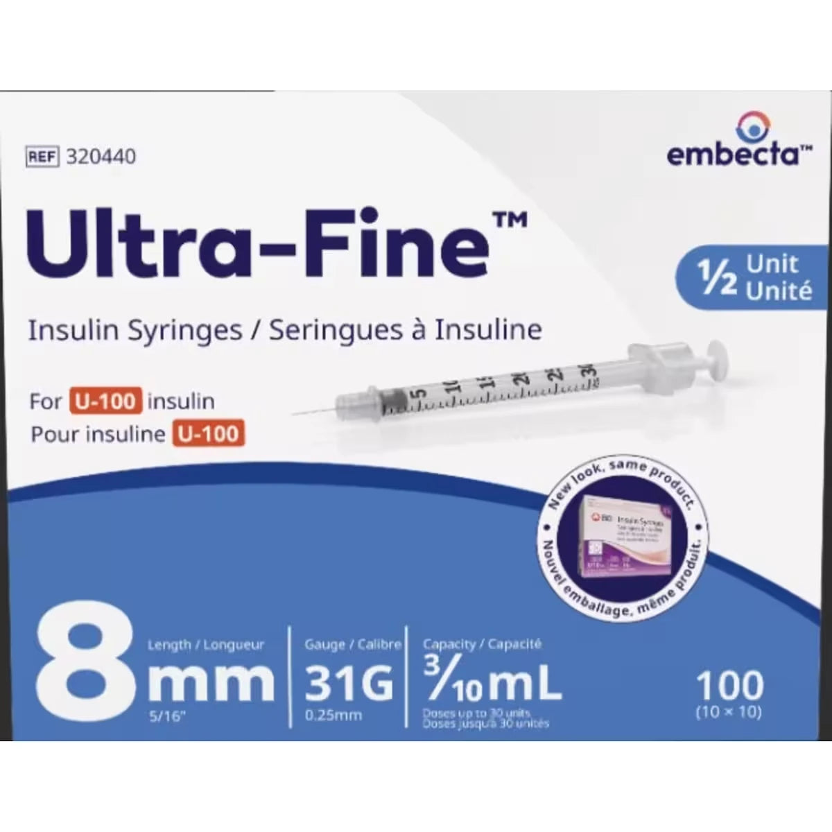 Seringues à insuline Ultra-Fine™ U-100 8mm 31G 0.3mL ½ unit 100ct