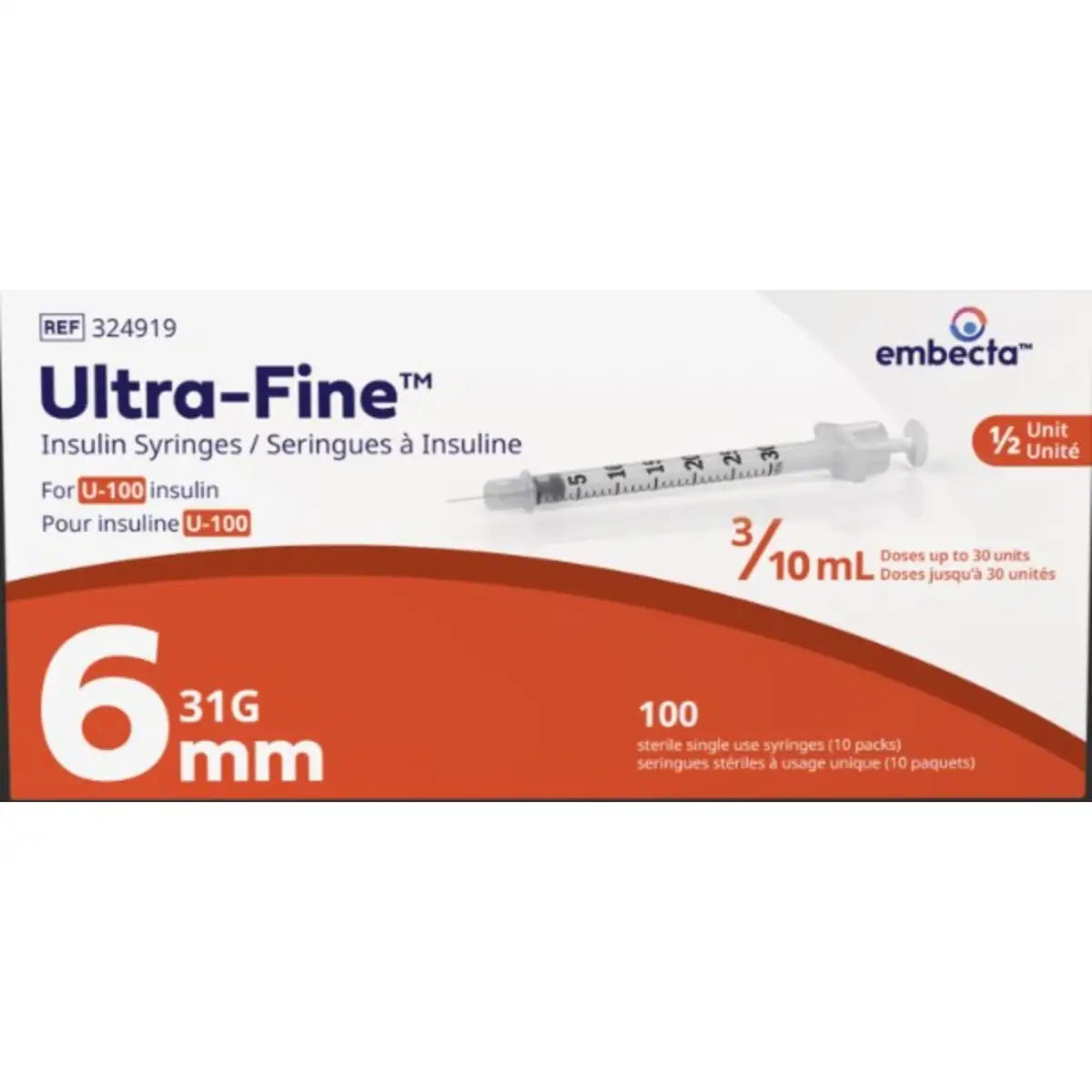 Seringues à insuline Ultra-Fine™ U-100 6mm 31G 0.3mL ½ unit