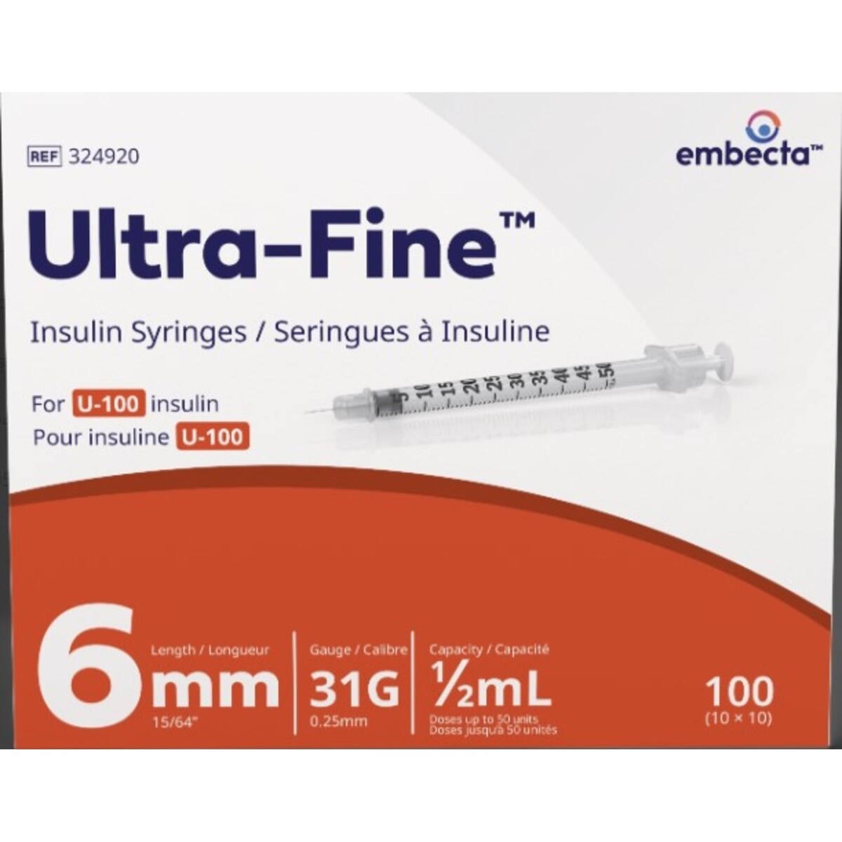 Seringues à insuline Ultra-Fine™ U-100 6mm 31G 0.5mL