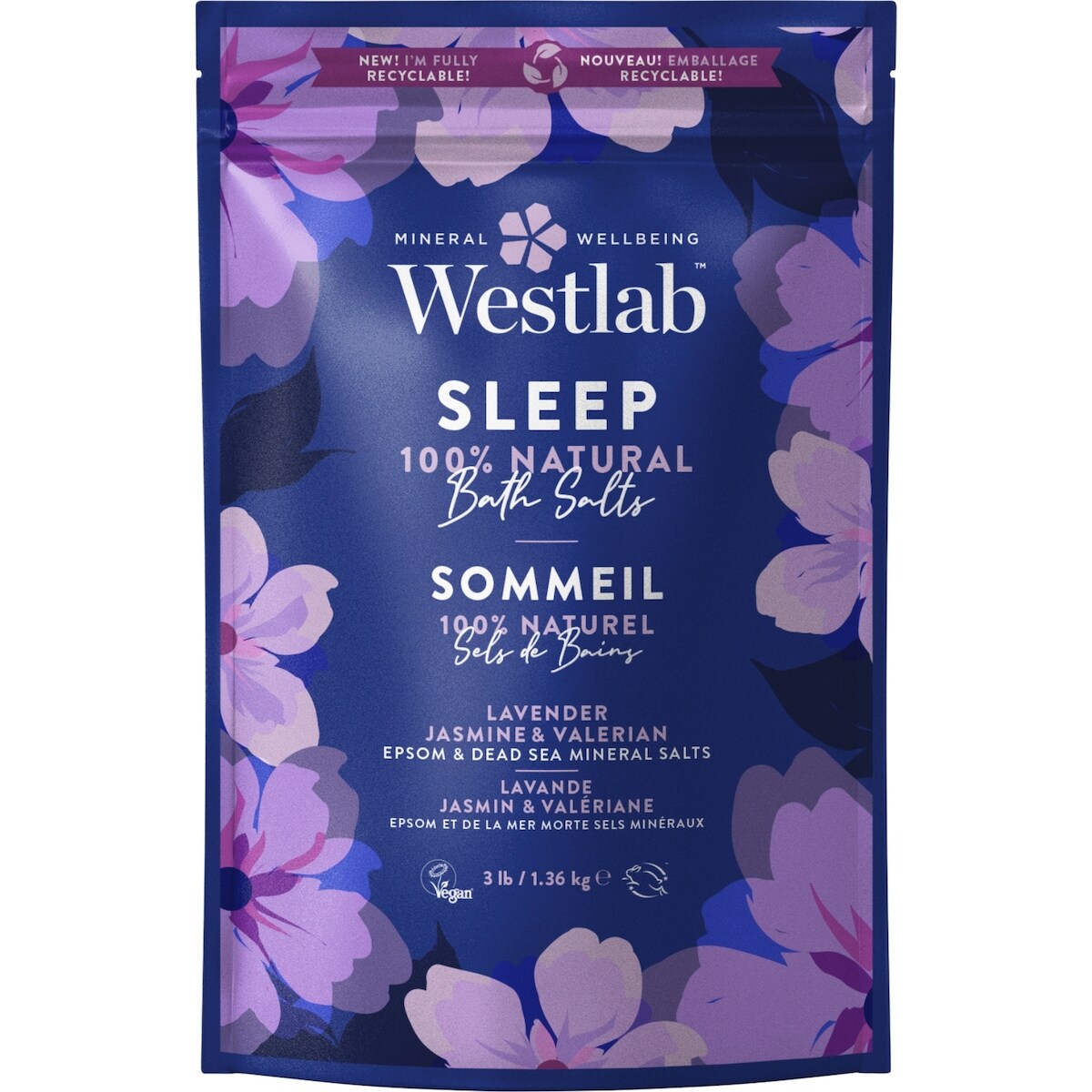 Sommeil sels de bain d'Epsom et de la mer Morte, parfumés à la lavande et au jasmin