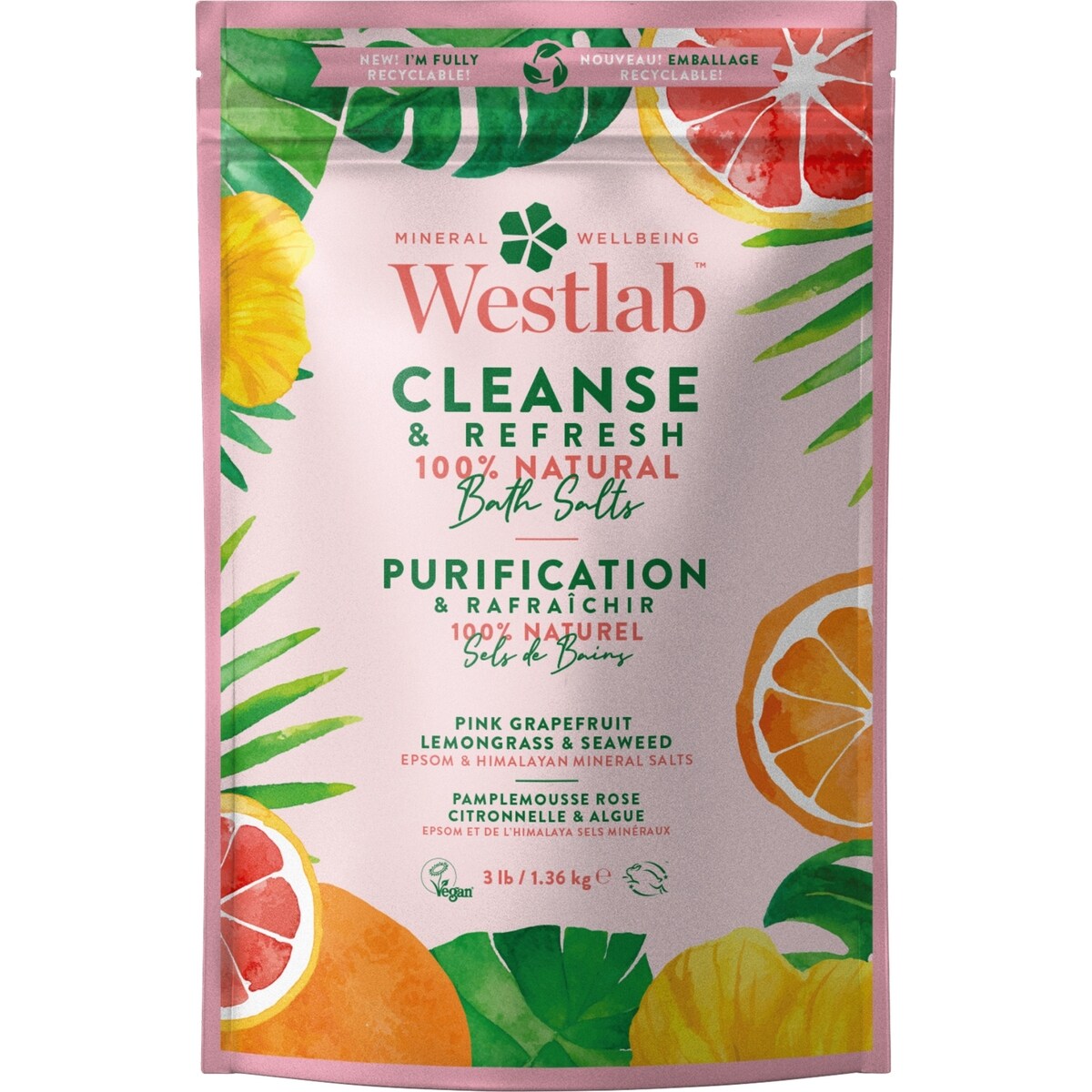 Purification sels de bain d'Epsom et de l'Himalaya parfumés à la citronnelle et au pamplemousse rose
