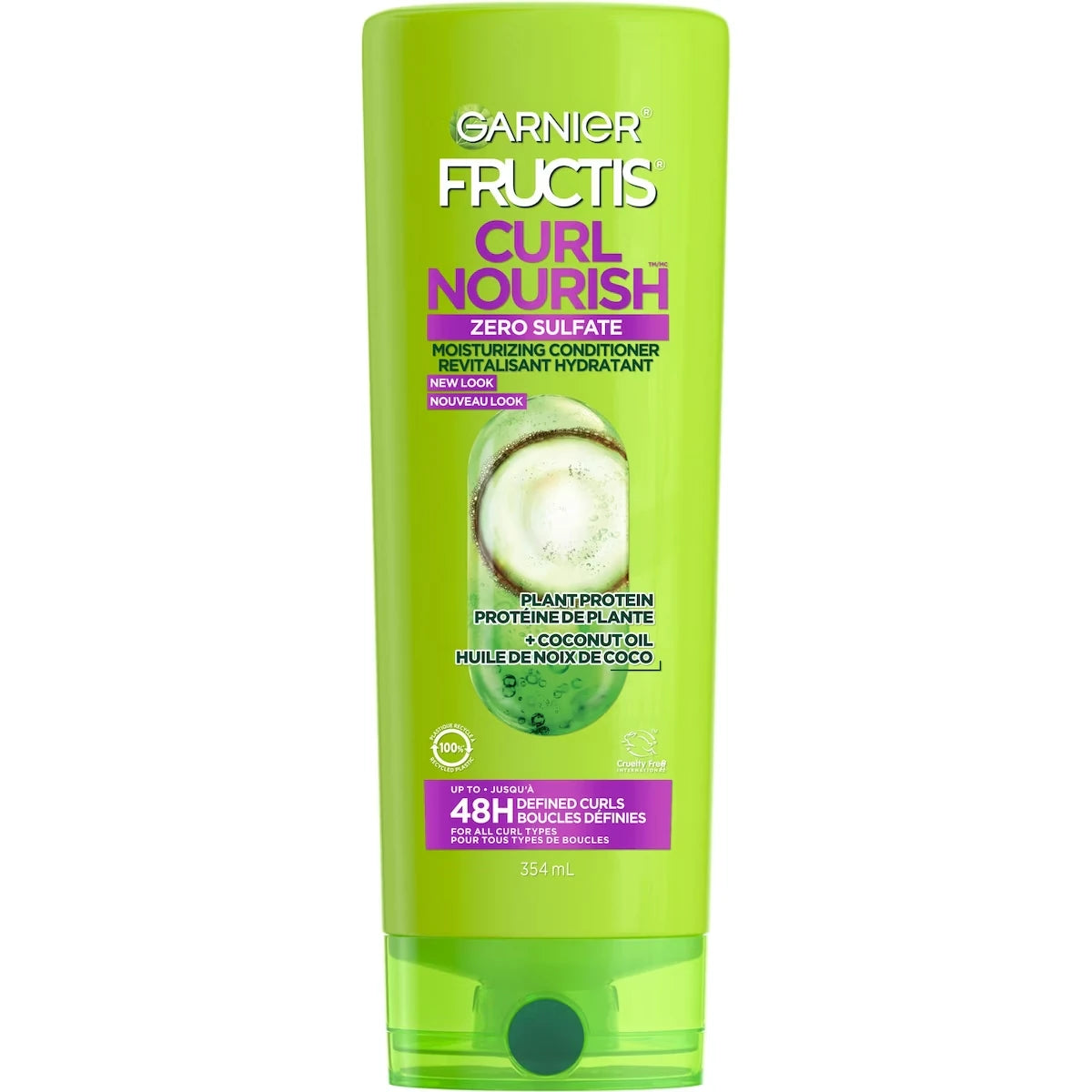 Fructis Curl Nourish revitalisant hydratant sans sulfates pour tous types de boucles, avec huile de noix de coco et élasto-protéine, 354 mL