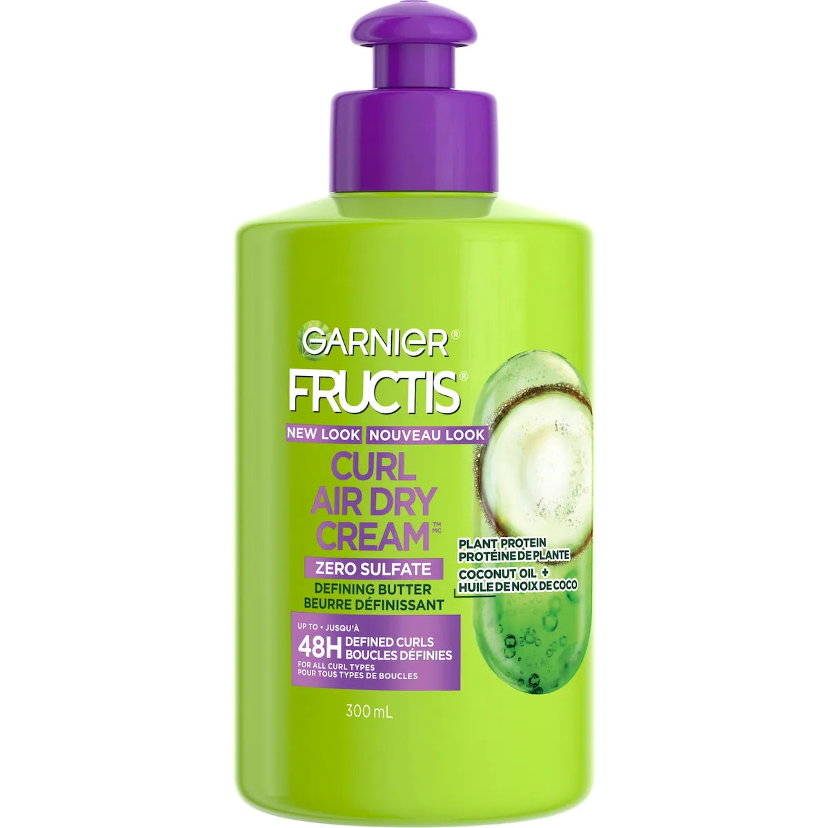 Fructis Curl Air Dry Cream, beurre définissant sans sulfates, pour tous types de boucles, avec huile de noix de coco et élasto-protéine, 300 mL
