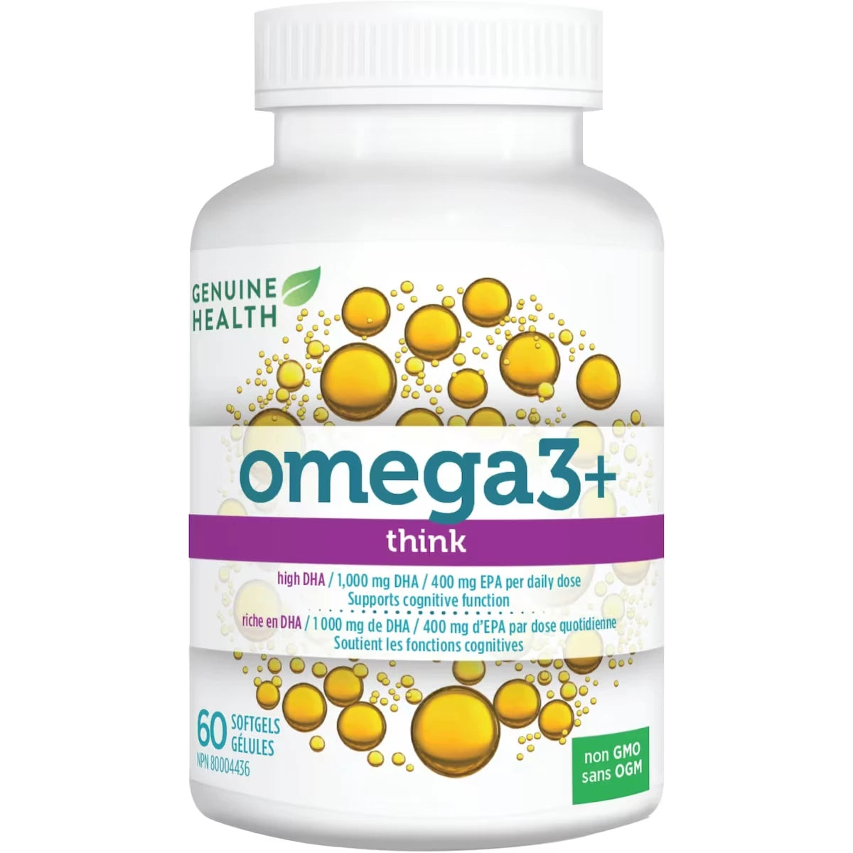 omega3+ THINK, supplément d'huile de poisson de Genuine Health, 400 mg d'EPA et 1000 mg de DHA,  sans OGM