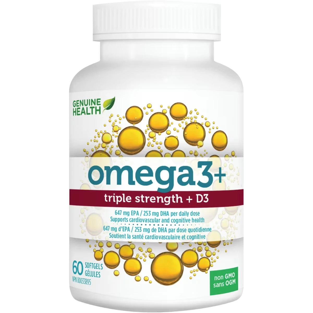 omega3+ TRIPLE STRENGTH + D3, supplément d'huile de poisson de Genuine Health, 647 mg d'EPA et 253 mg de DHA par dose quotidienne, 1000 UI de vitamine D3, sans OGM ni gluten