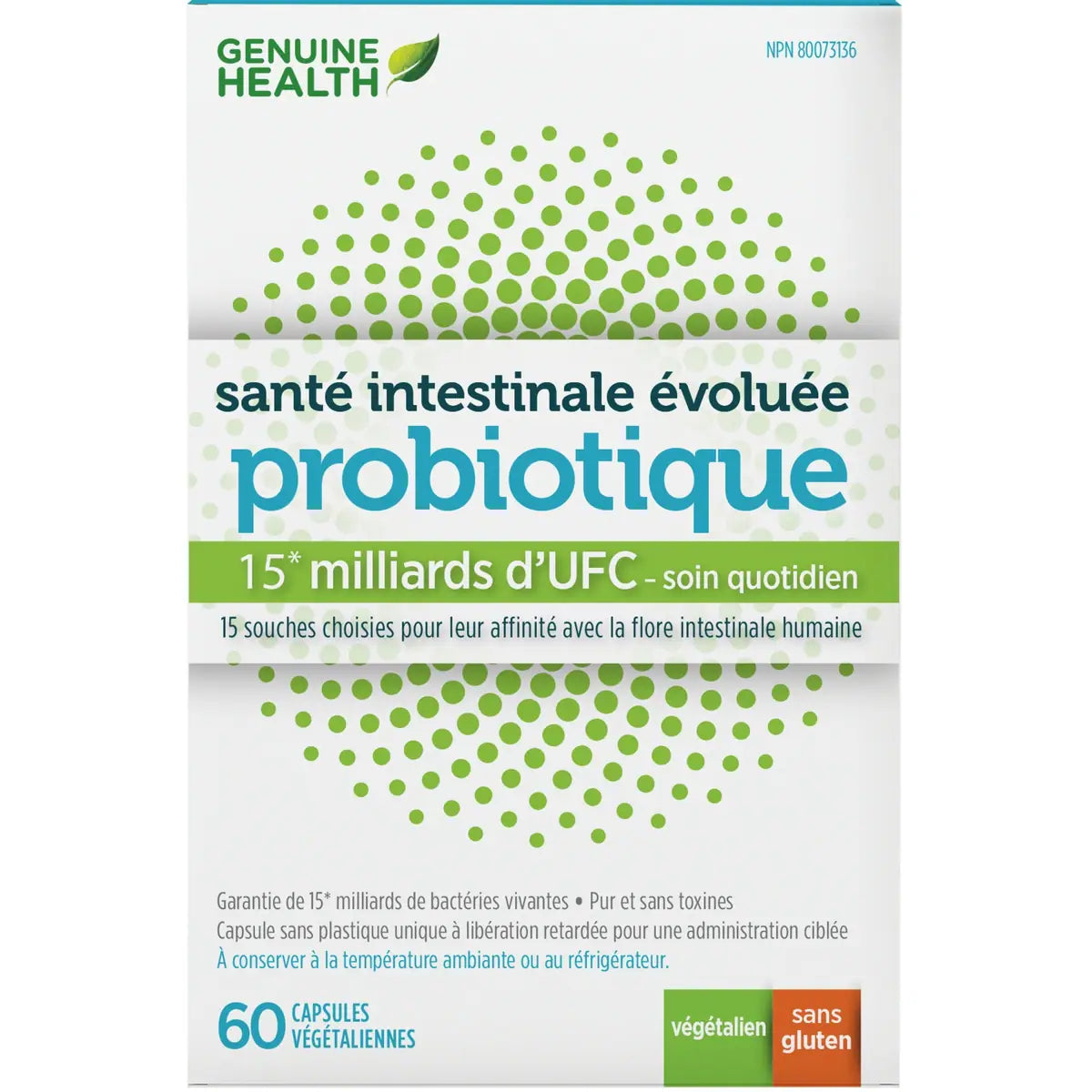 santé intestinale évoluée probiotique de Genuine Health, 15 milliards d'UFC, 15 souches multiples