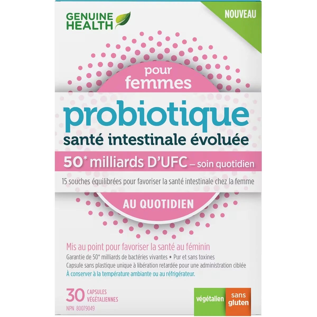 santé intestinale évoluée probiotique pour femmes, soin quotidien, de Genuine Health, 50 milliards d'UFC, 15 souches multiples
