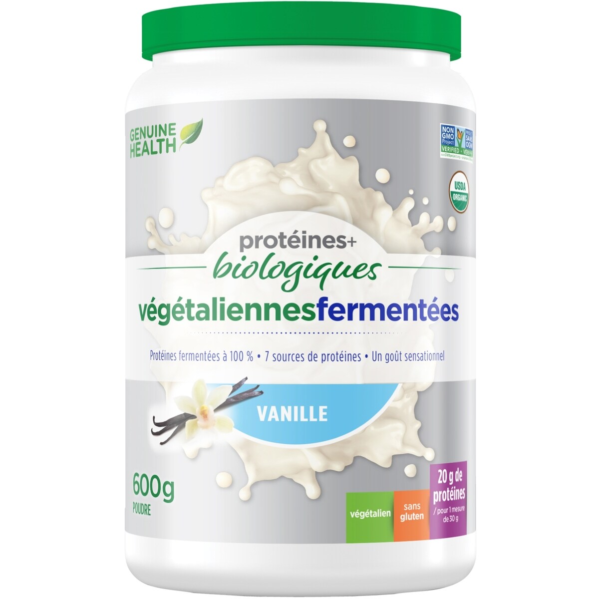 protéines+ biologiques végétaliennes  fermentées en poudre, vanille naturelle