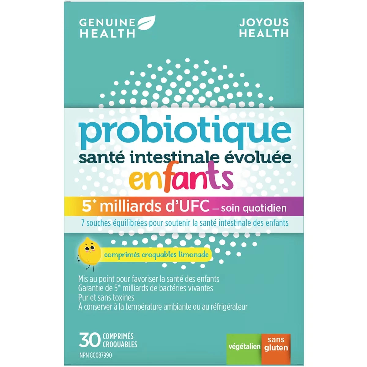 santé intestinale évoluée probiotique pour enfants de Genuine Health, saveur de limonade, 5 milliards d'UFC