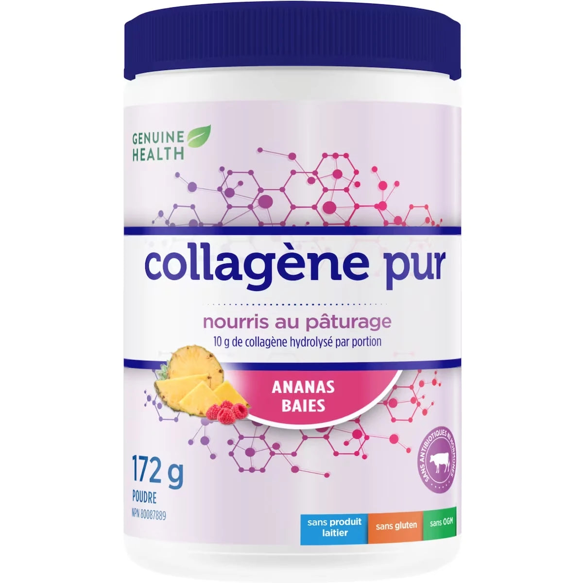 collagène pur, de source bovine provenant de vaches nourries à l'herbe, hydrolysé, ananas baies, en poudre