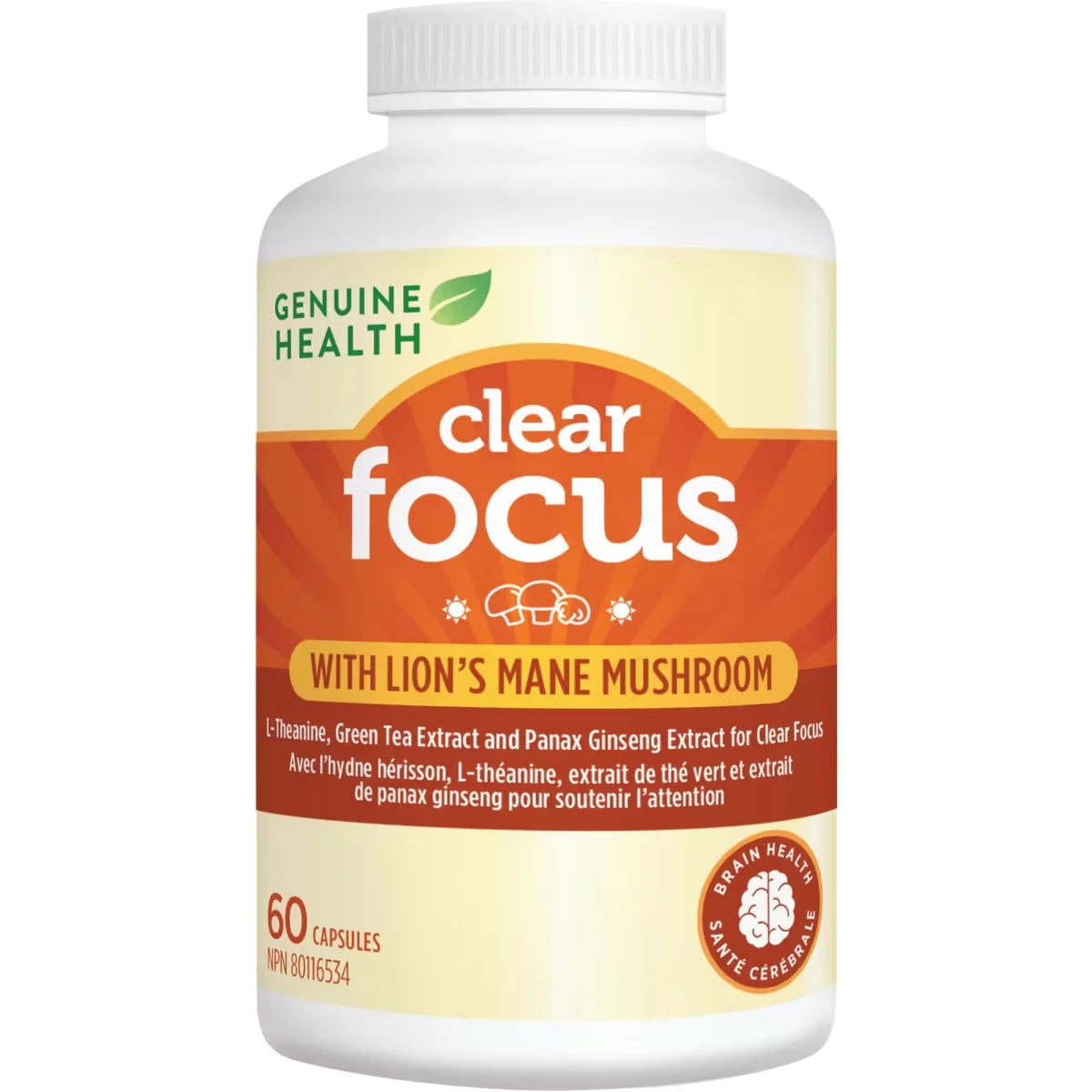 Genuine Health Clear Focus with Lion's Mane Mushroom, végétalienne, ni soya, ni gluten, ni oeufs, ni produits laitiers