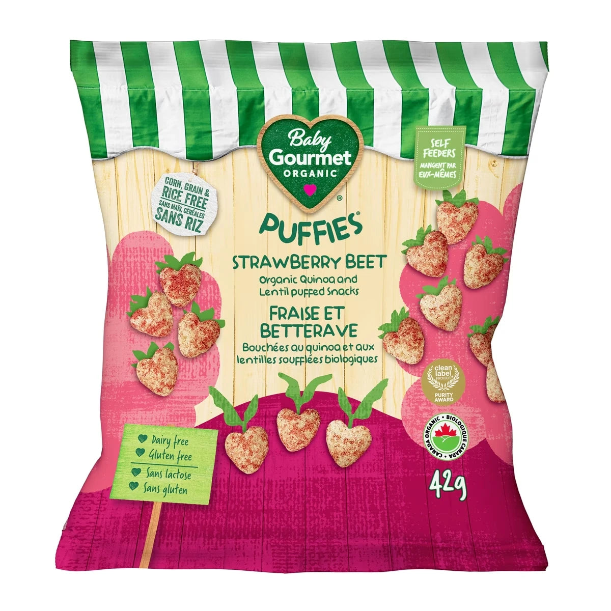 Bouchées au quinoa et aux lentilles soufflées biologiques fraise et betterave pour bébé de