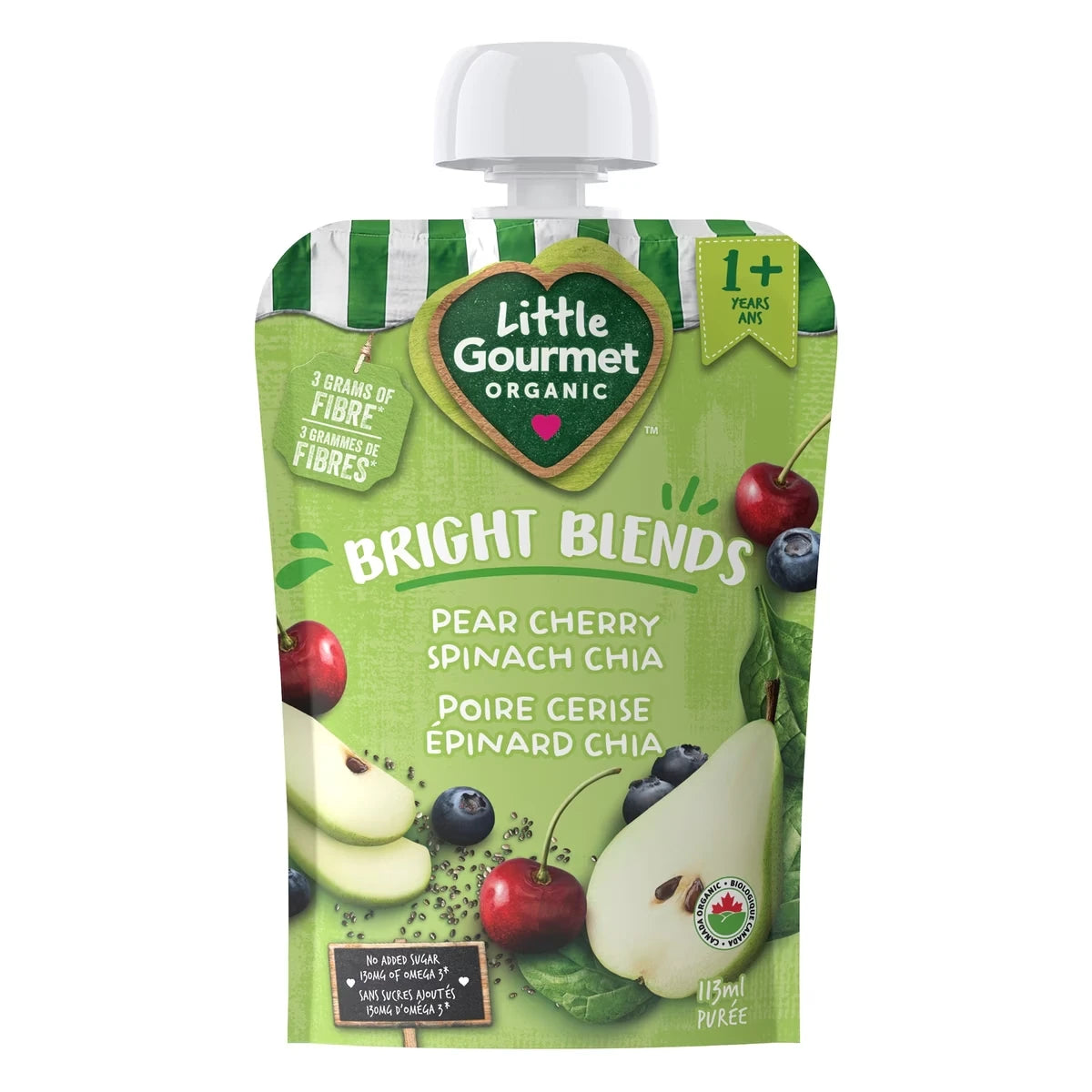 Collation biologique pour tous-petits poire cerise épinard chia de Little Gourmet