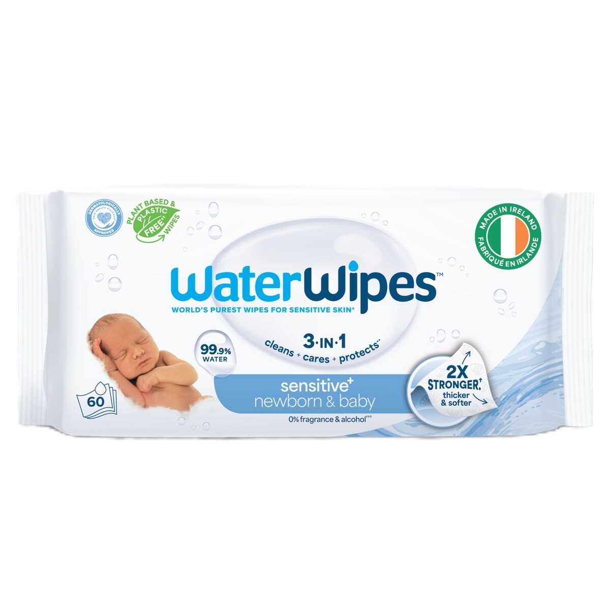 Sensitive+ Newborn & Baby Wipes, 3-en-1 nettoie, soigne, protège, 99,9 % d'eau, non parfumées, 60 unités (1 paquet)