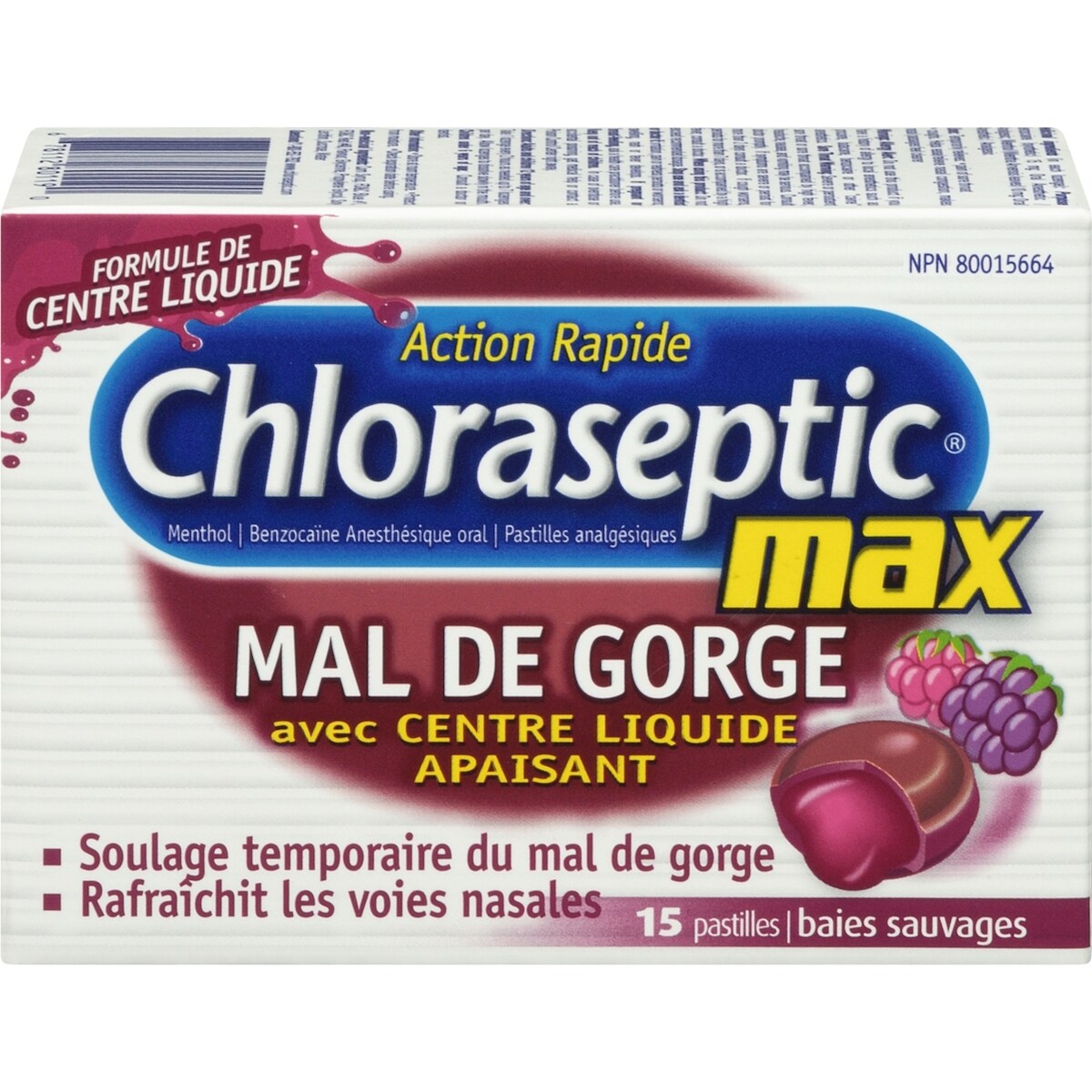 Max Mal de Gorge avec centre liquide apaisant Pastilles Baies Sauvages