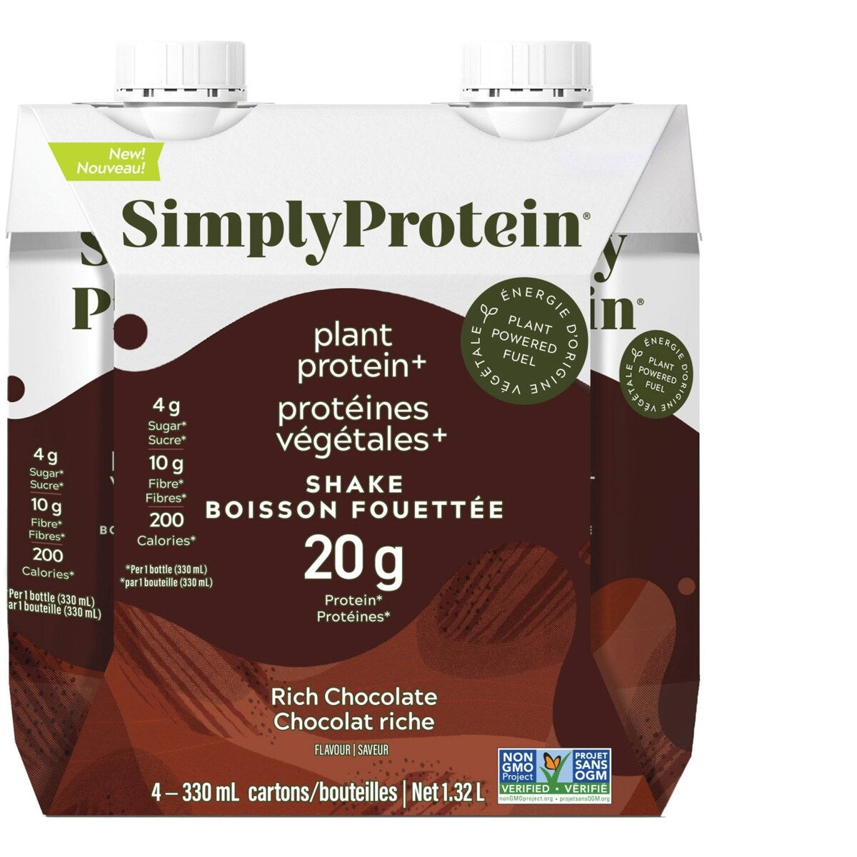 Lot de 4 boissons protéinées prêtes à boire au chocolat, 330 ml, haute teneur en protéines, faible sucre, sans produits laitiers