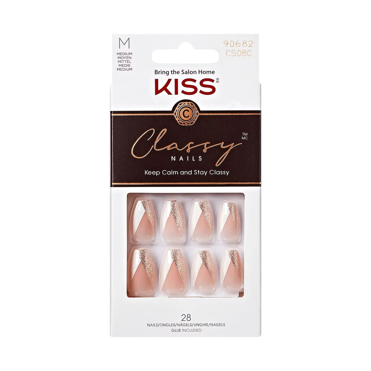 Classy Press-On Nails, The Boss, Glittery French, Medium Coffin, 31 Count