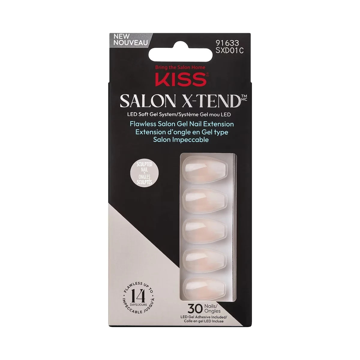 Salon X-Tend Led Soft Gel System Decorated Nails, White, Medium Coffin, 34 Count