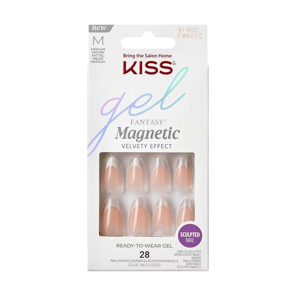 Gel Fantasy Magnetic Press-On Nails, "North Coast", Silver, Medium Almond, 31 Count