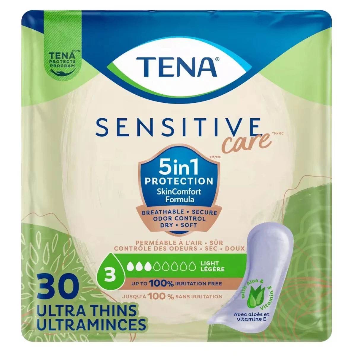 Sensitive Care Serviettes ultraminces d’incontinence  pour femmes, absorption légère, 30 unités