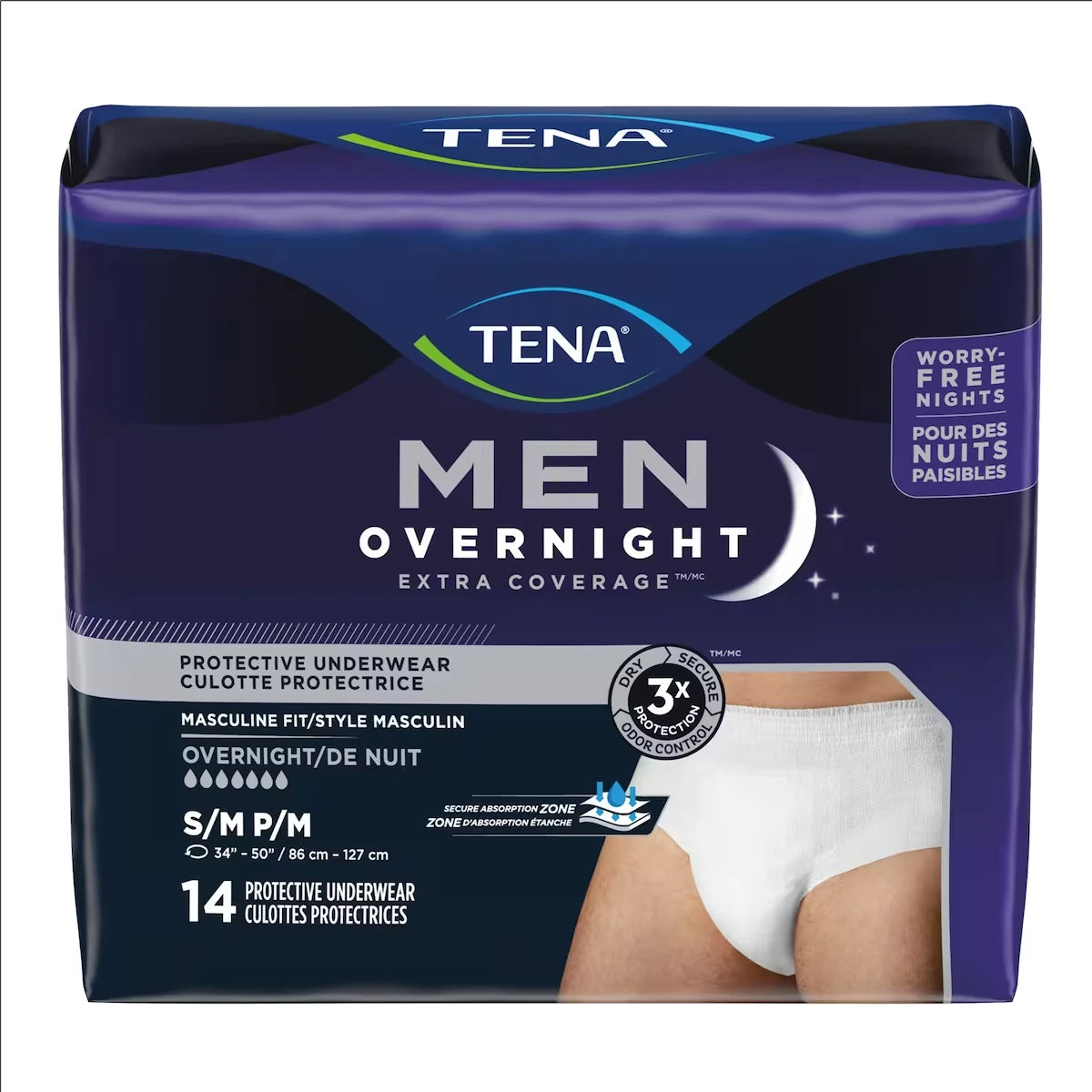 Culottes de nuit pour hommes TENA Men Overnight Extra Coverage, Petit/Moyen