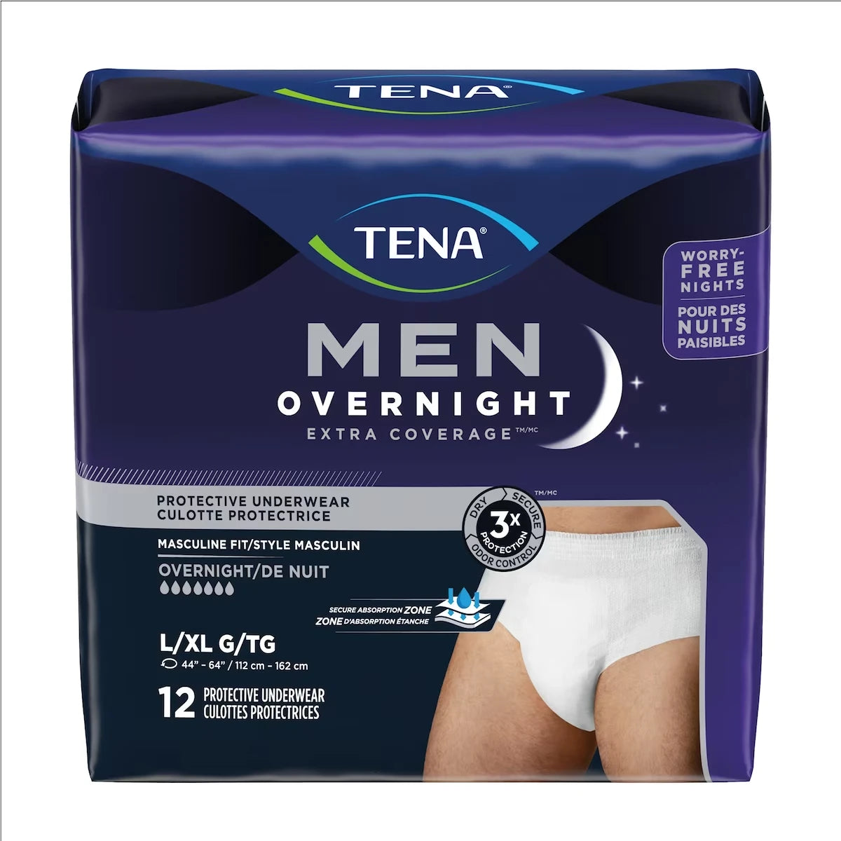 Culottes de nuit pour hommes TENA Men Overnight Extra Coverage, Grand/Très grand
