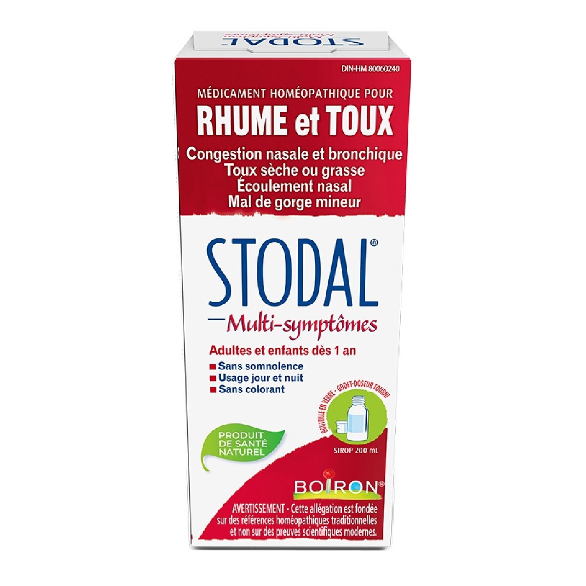 Stodal Multi-symptômes pour la congestion nasale et bronchique, écoulement nasal, toux sèche ou grasse et mal de gorge mineur.