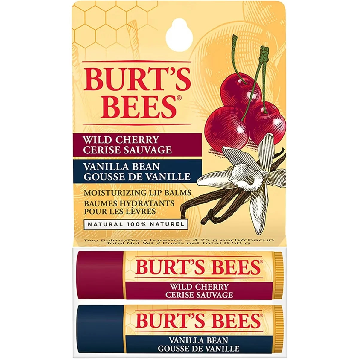 100% Natural Origin Moisturizing Lip Balm for Dry Chapped Lips, Get Soft and Hydrated Lips - Pack of 2 - Vanilla Bean & Wild Cherry