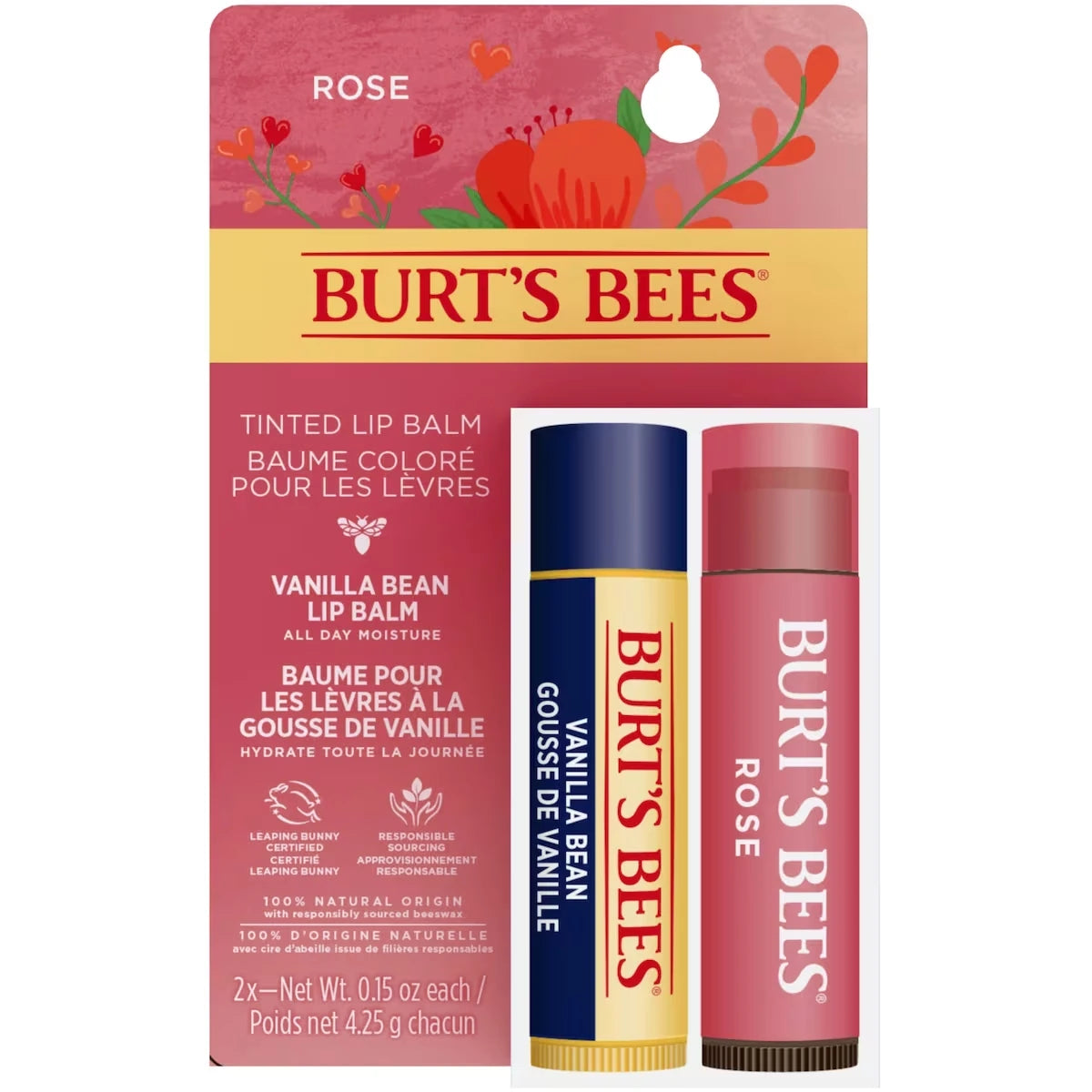 100% Natural Origin Moisturizing Lip Balm and Tinted Lip Balm, Hydrates and Softens Dry Lips with Long-Lasting Moisture, Pack of 2 - Vanilla Bean, Rose