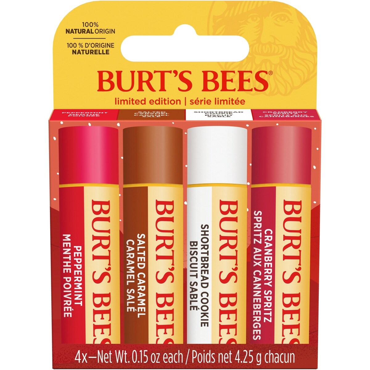 Ensemble-cadeau des fêtes à édition limitée de Burt’s Bees® avec quatre baumes hydratants pour les lèvres d’origine naturelle à 100 % (biscuit sablé, spritz aux canneberges, caramel salé et menthe poivrée)