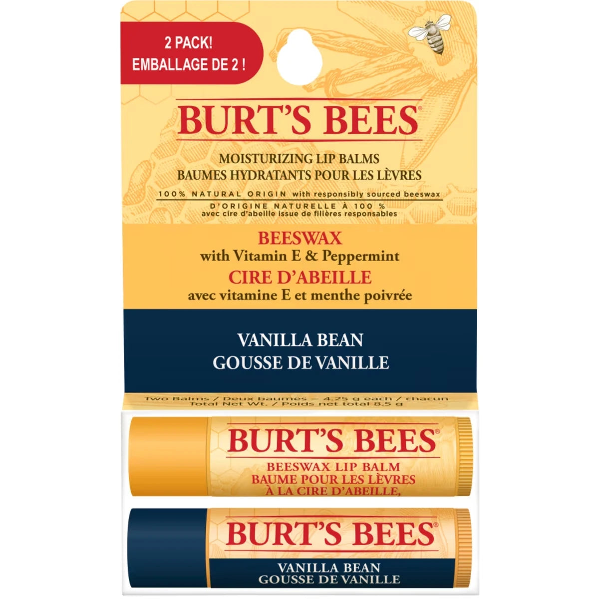 100% Natural Origin, Lip Balm, Beeswax & Vanilla Bean, 2 pack
