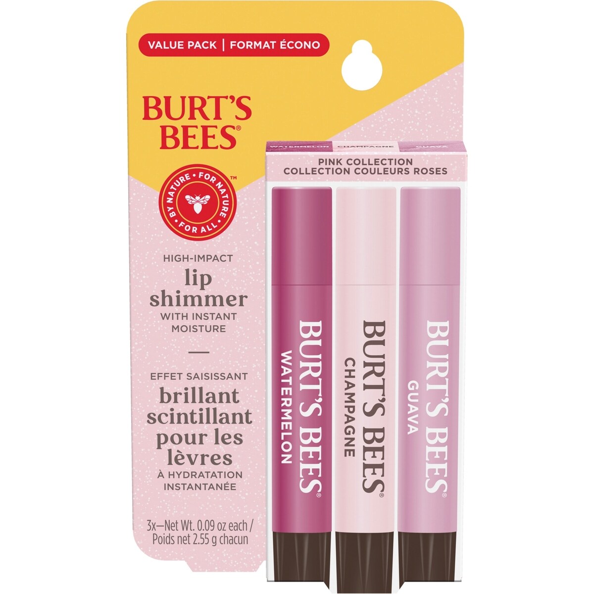 Brillant scintillant pour les lèvres, formule teintée d’origine naturelle à 100 % | Obtenez des lèvres douces et hydratées | Emballage trio − Collection couleurs roses: Champagne, Watermelon et Guava