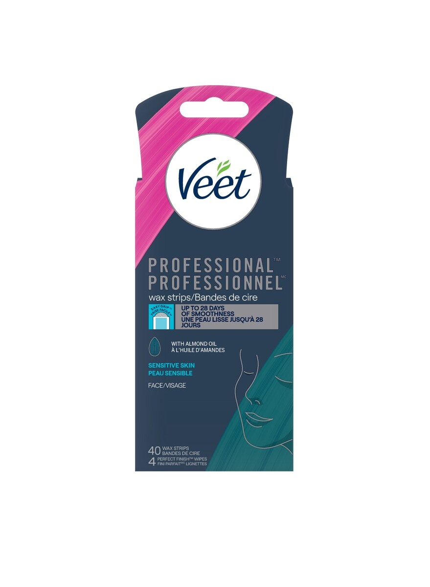 Bandes de cire pour le visage, peaux sensibles, avec huile d’amande, paquet de 40cs + 4 lingettes