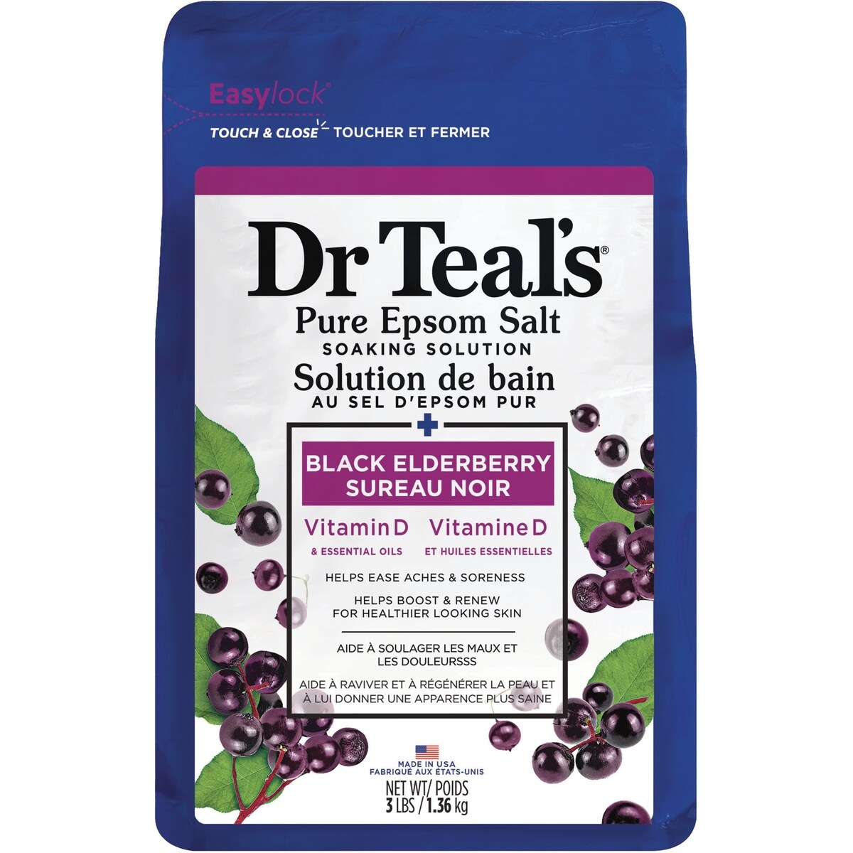 Sel d'Epsom pur Bain de trempage, Sureau noir à la vitamine D et aux huiles essentialles